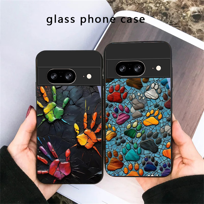Google Pixel 8A - جراب هاتف زجاجي أسود بتصميم أثر
